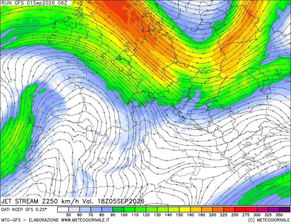 mappa 250 hPa Jet stream