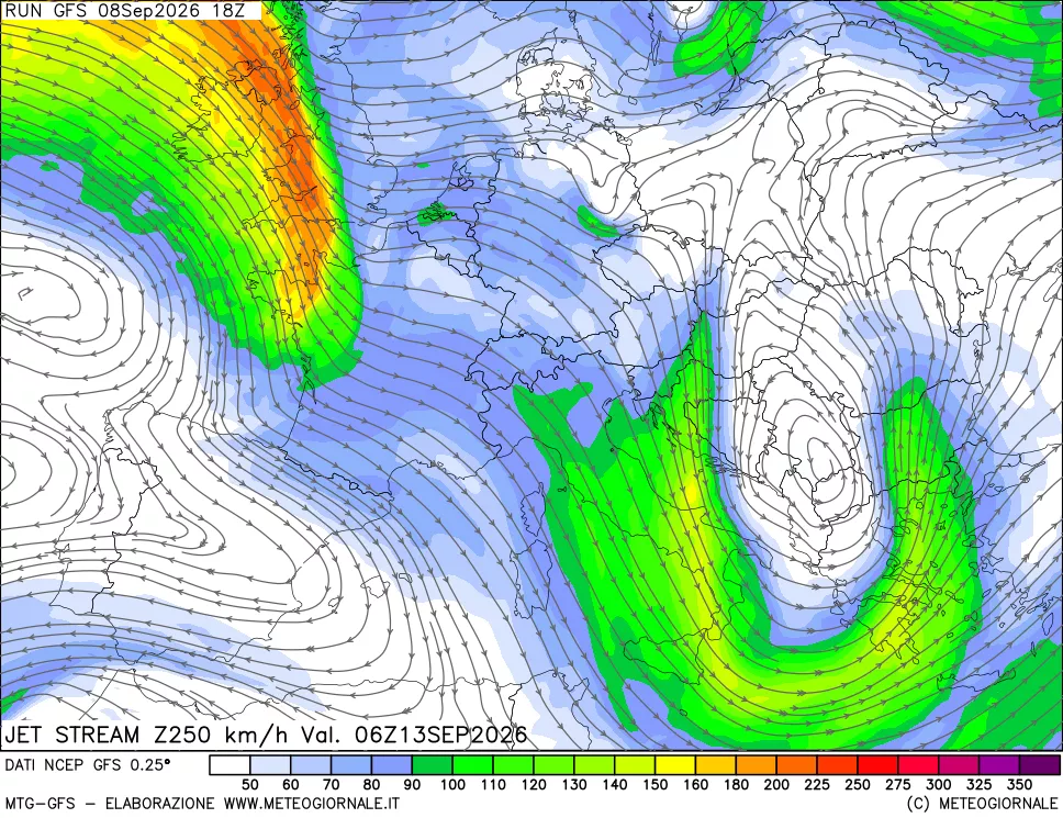mappa 250 hPa Jet stream