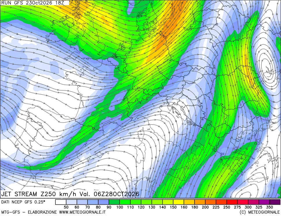 mappa 250 hPa Jet stream