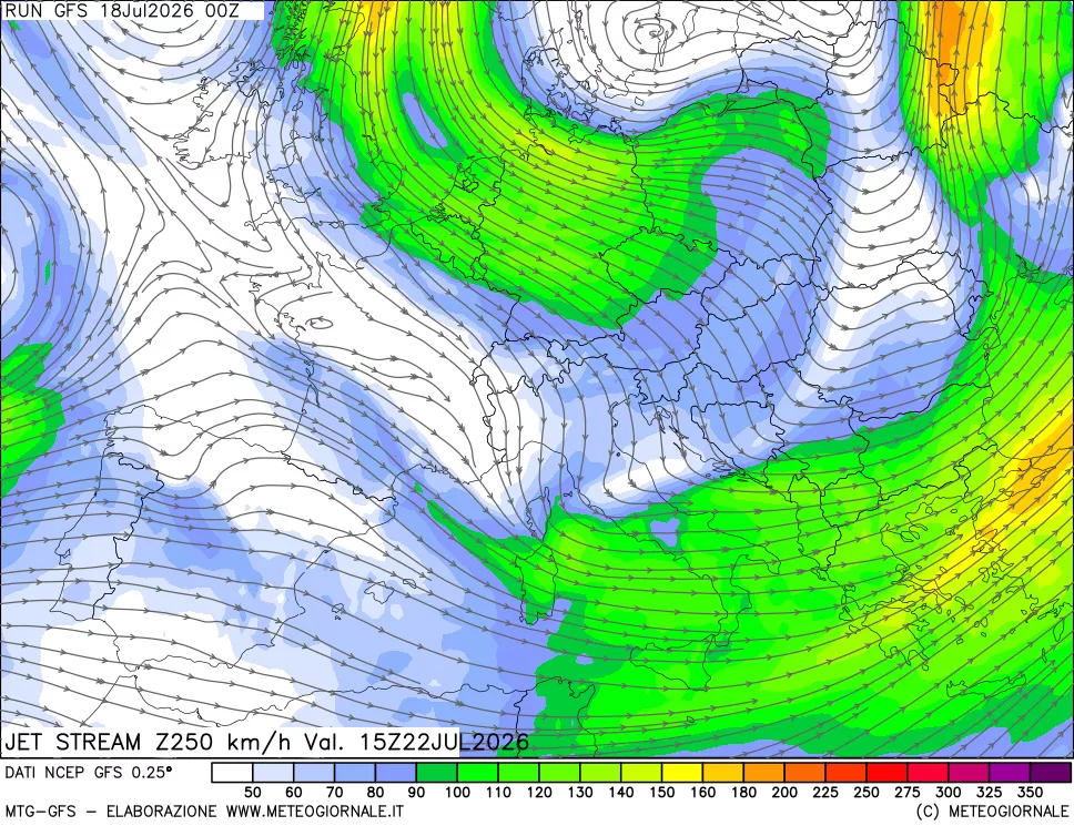 mappa 250 hPa Jet stream