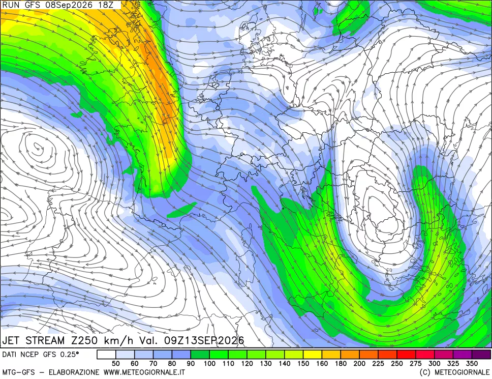 mappa 250 hPa Jet stream