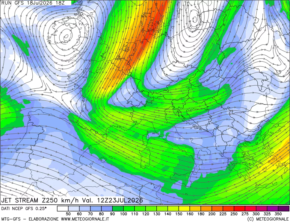 mappa 250 hPa Jet stream