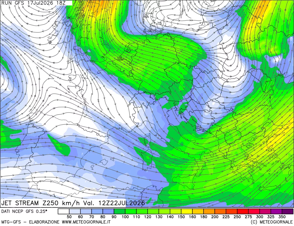 mappa 250 hPa Jet stream