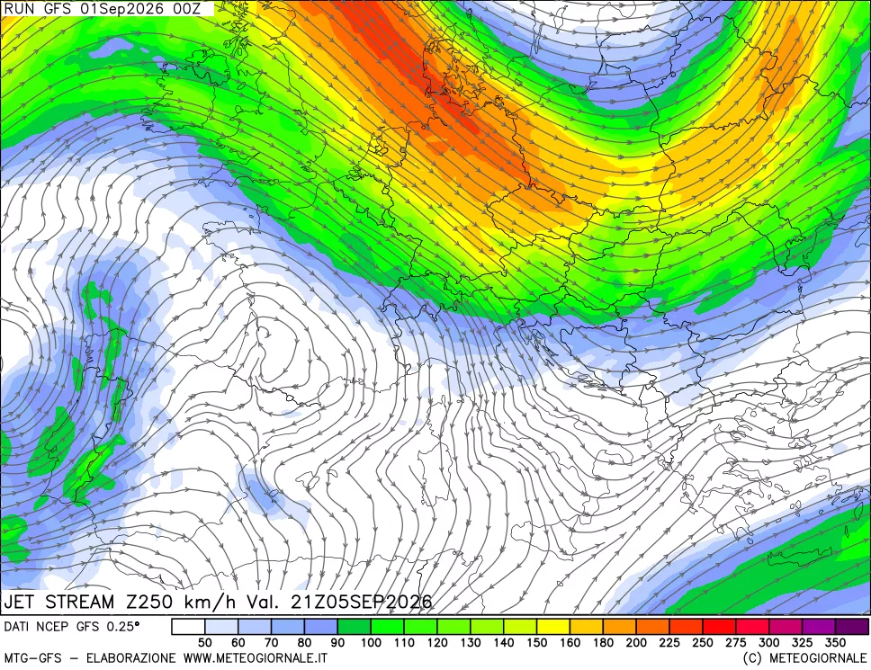 mappa 250 hPa Jet stream