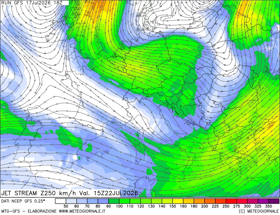 mappa 250 hPa Jet stream