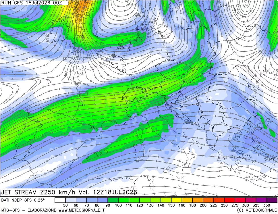 mappa 250 hPa Jet stream