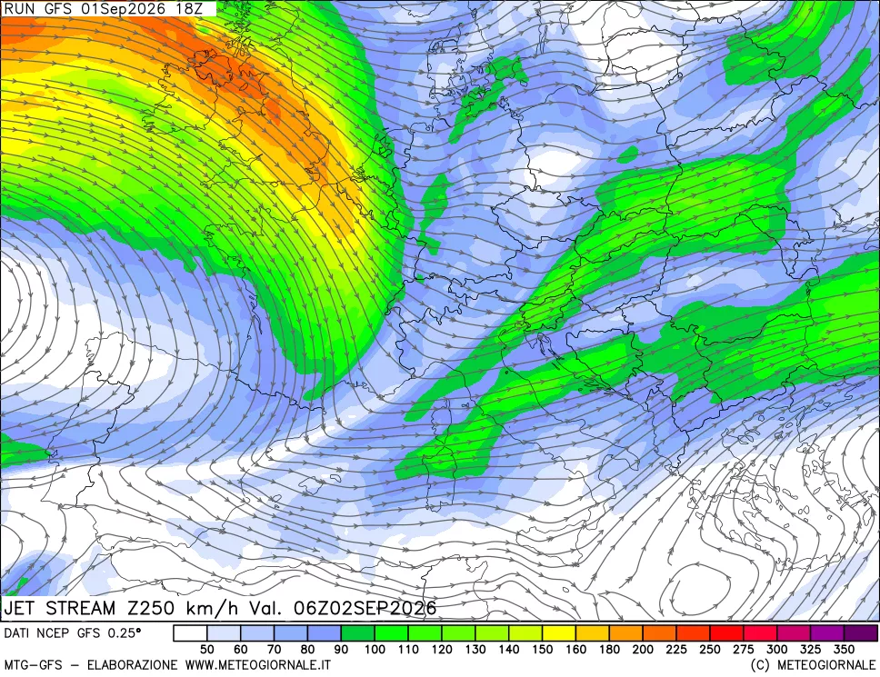 mappa 250 hPa Jet stream