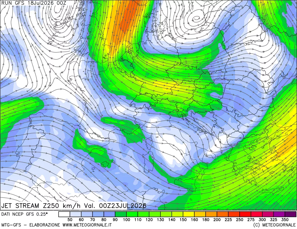 mappa 250 hPa Jet stream