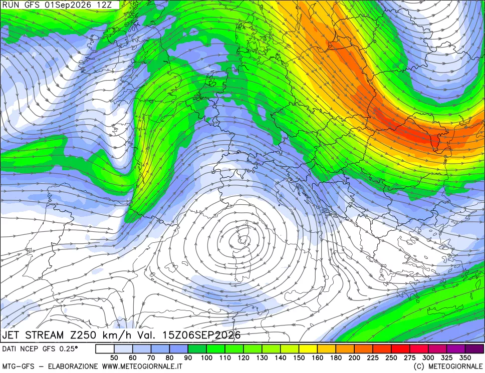 mappa 250 hPa Jet stream
