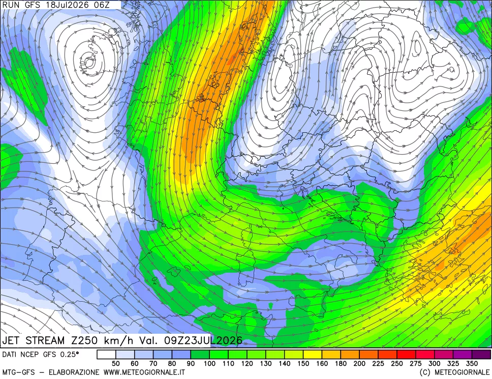 mappa 250 hPa Jet stream