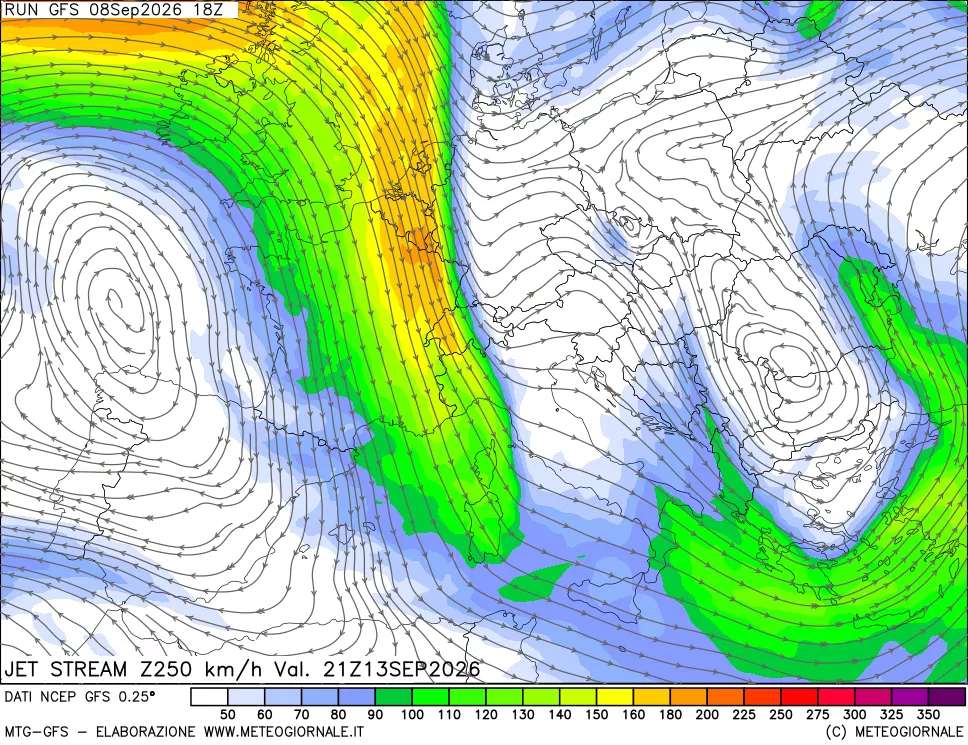 mappa 250 hPa Jet stream