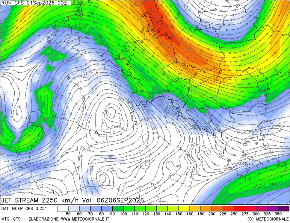 mappa 250 hPa Jet stream