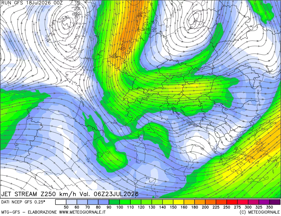 mappa 250 hPa Jet stream