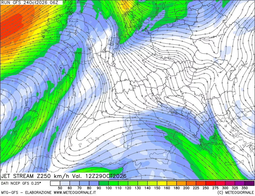 mappa 250 hPa Jet stream