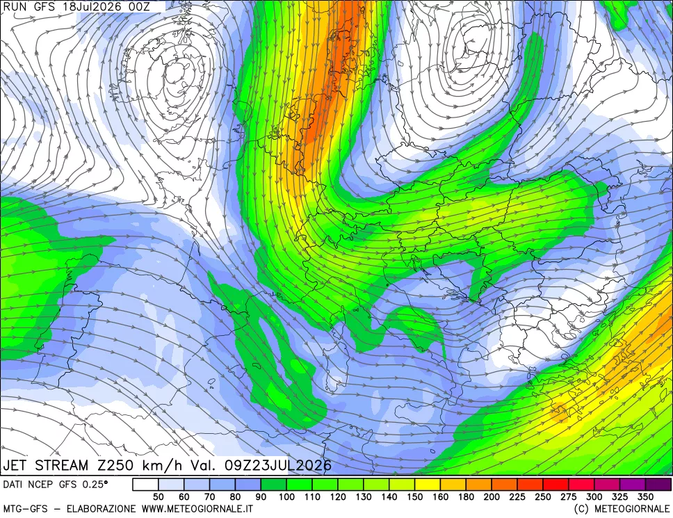 mappa 250 hPa Jet stream