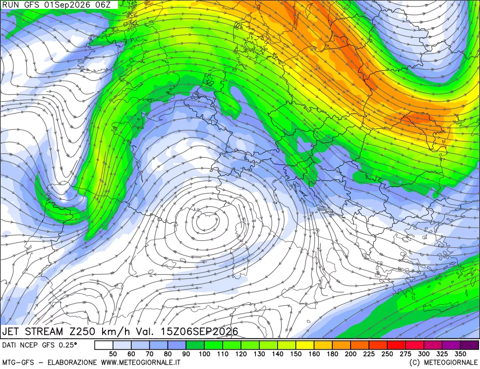 mappa 250 hPa Jet stream