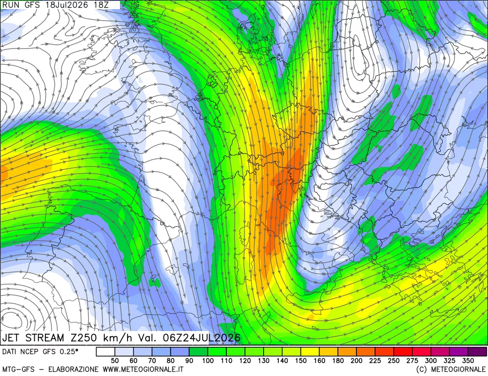 mappa 250 hPa Jet stream