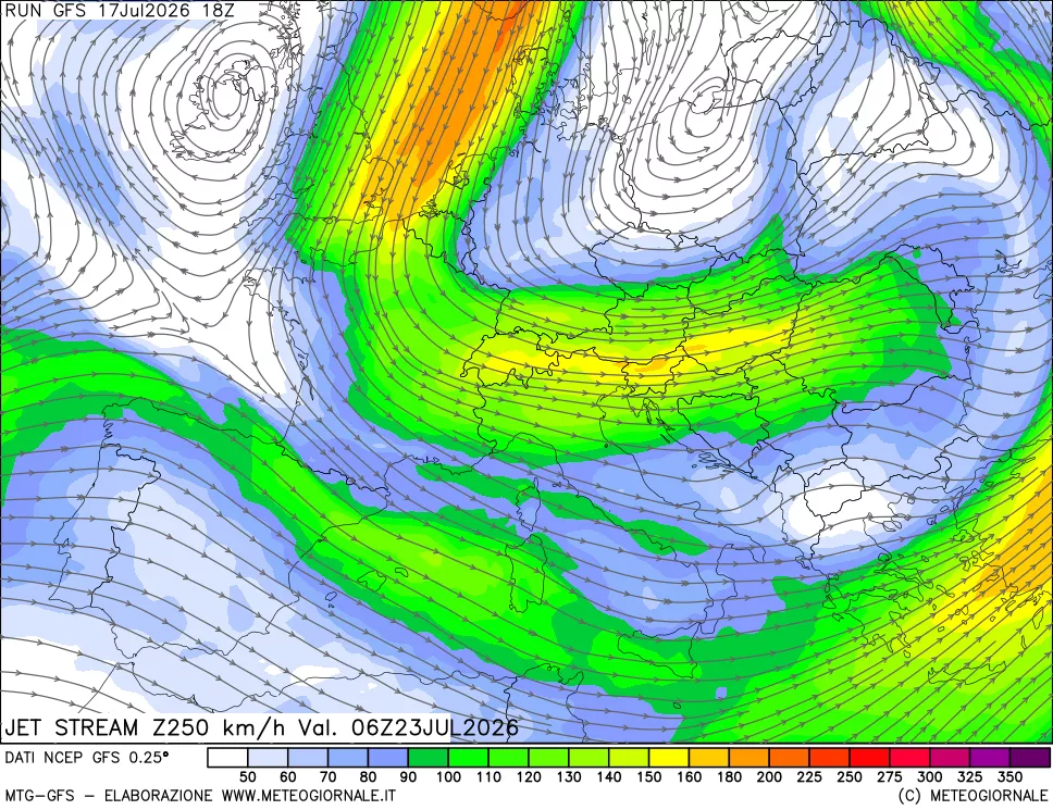 mappa 250 hPa Jet stream