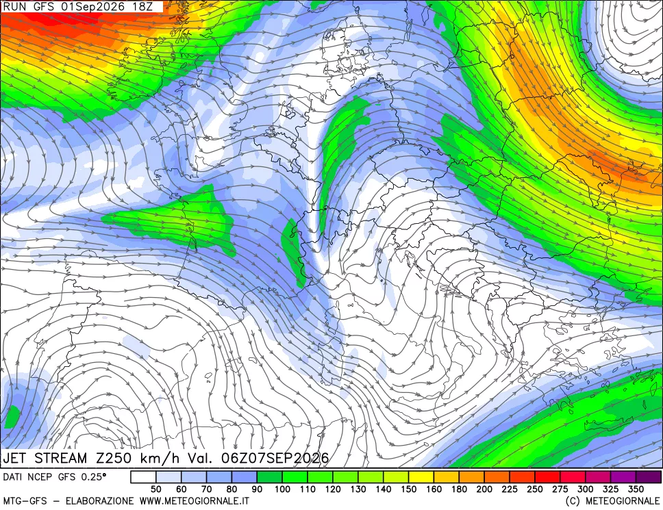 mappa 250 hPa Jet stream