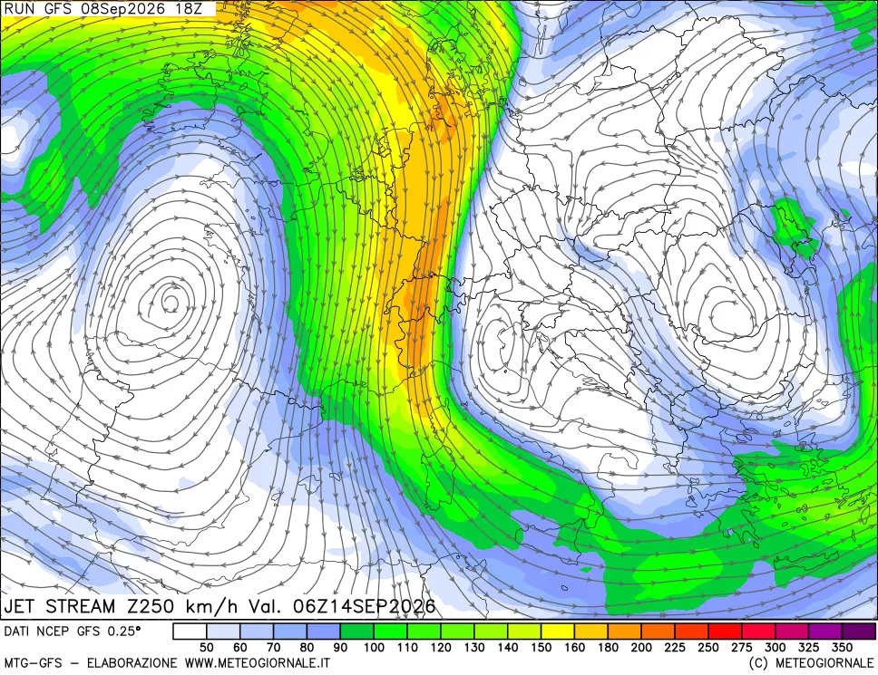 mappa 250 hPa Jet stream