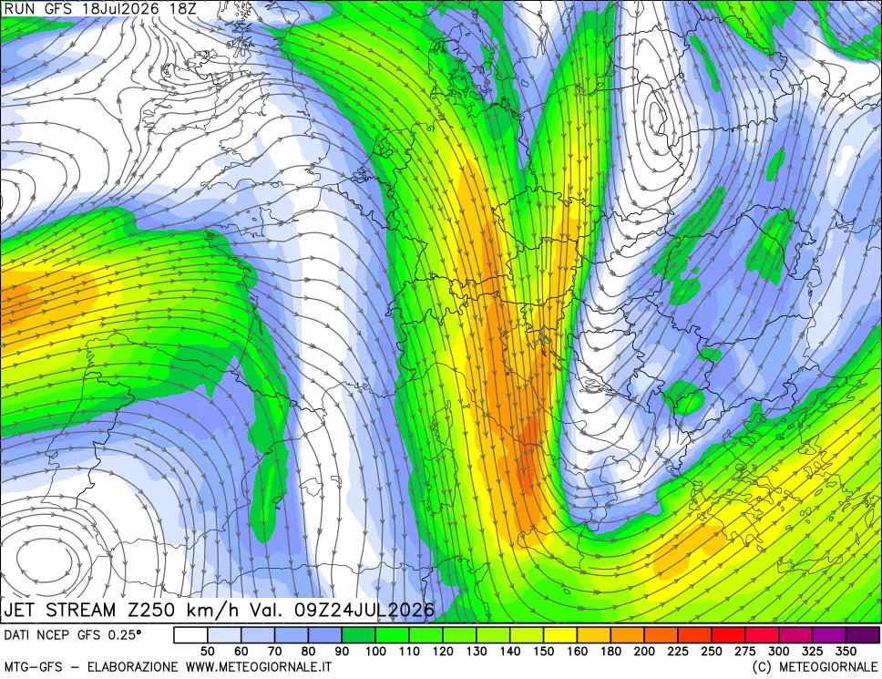 mappa 250 hPa Jet stream