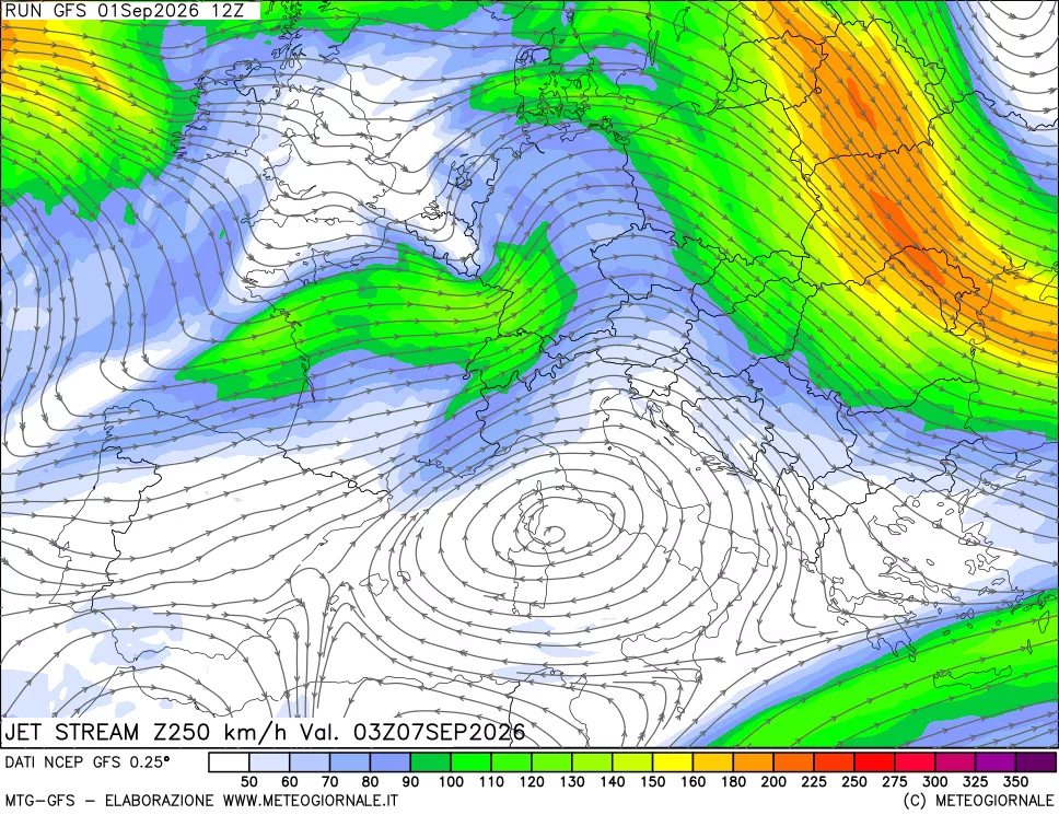 mappa 250 hPa Jet stream