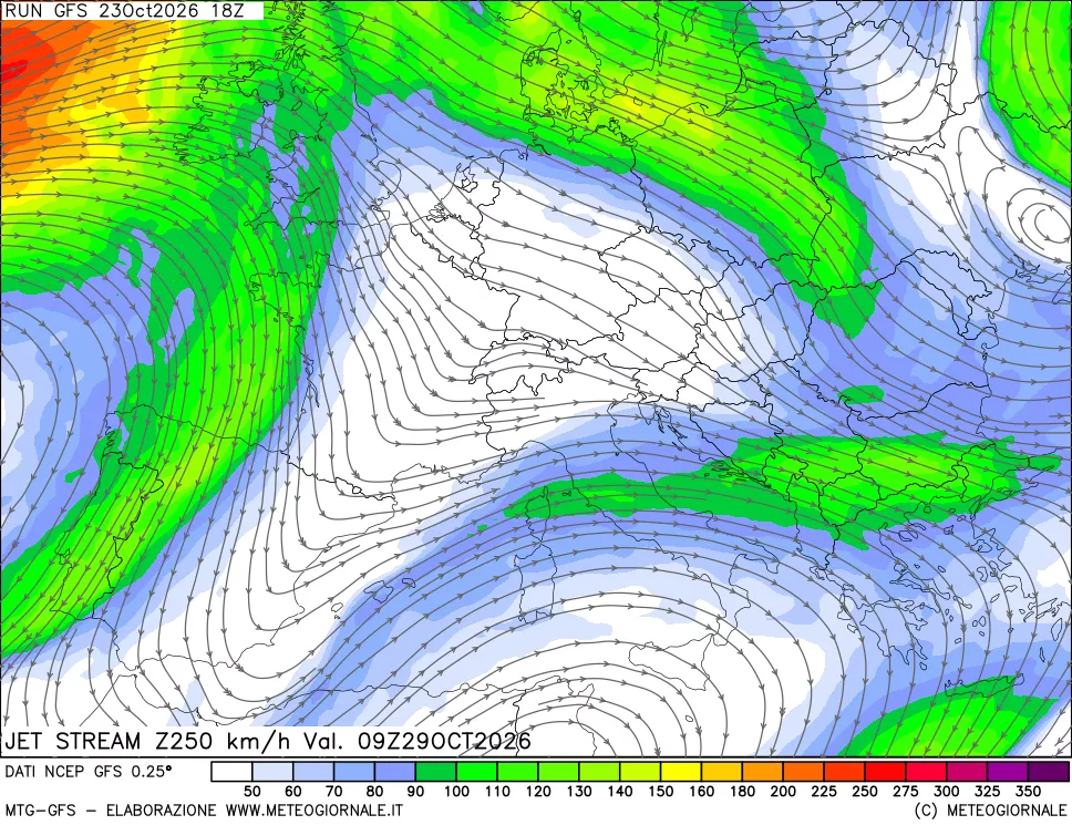mappa 250 hPa Jet stream