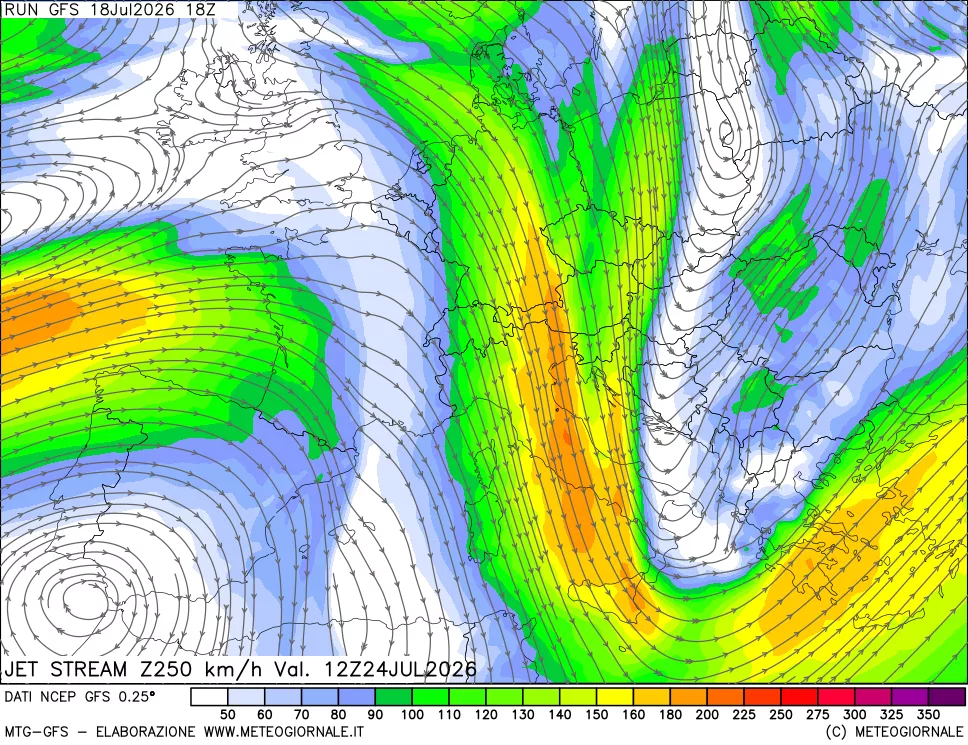 mappa 250 hPa Jet stream