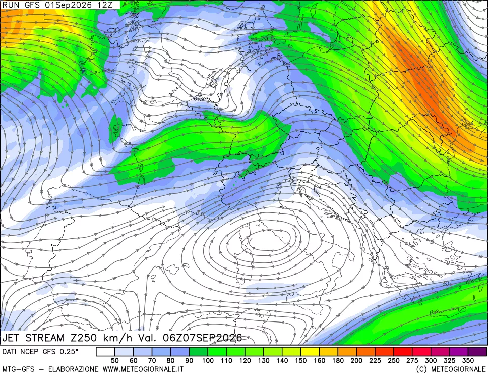 mappa 250 hPa Jet stream