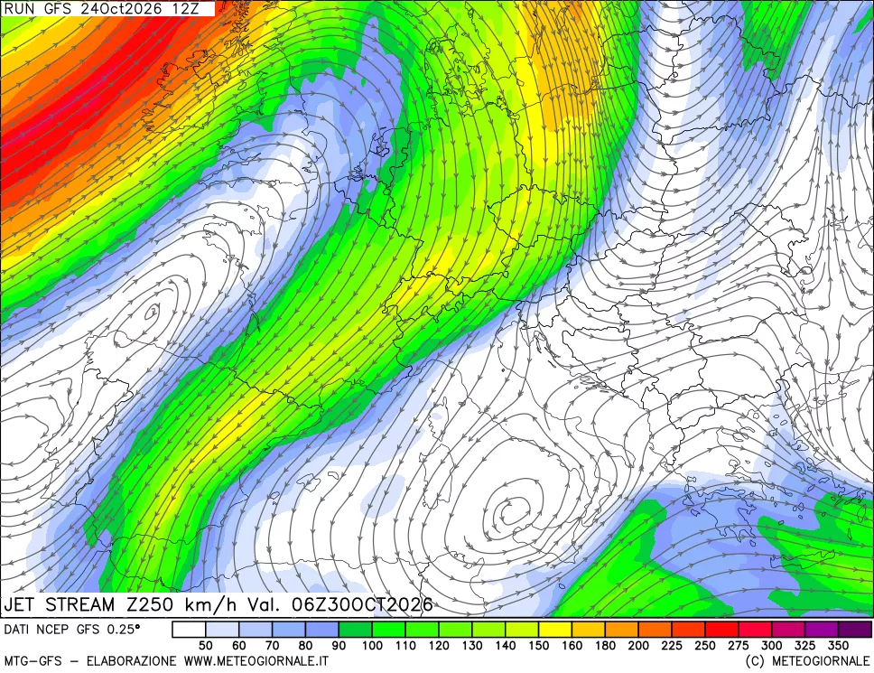 mappa 250 hPa Jet stream