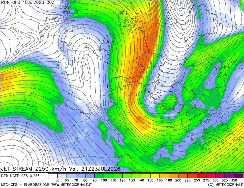 mappa 250 hPa Jet stream
