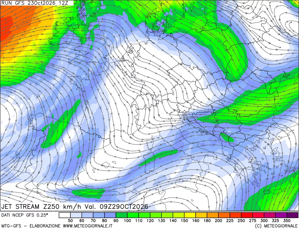 mappa 250 hPa Jet stream
