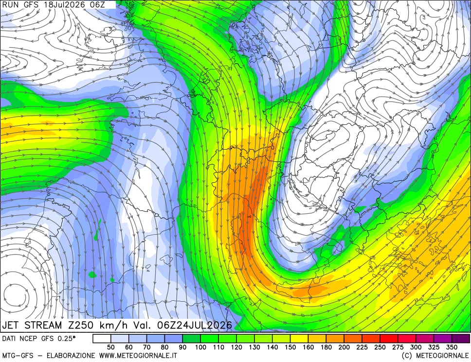 mappa 250 hPa Jet stream