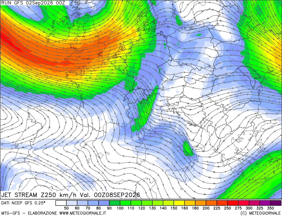 mappa 250 hPa Jet stream