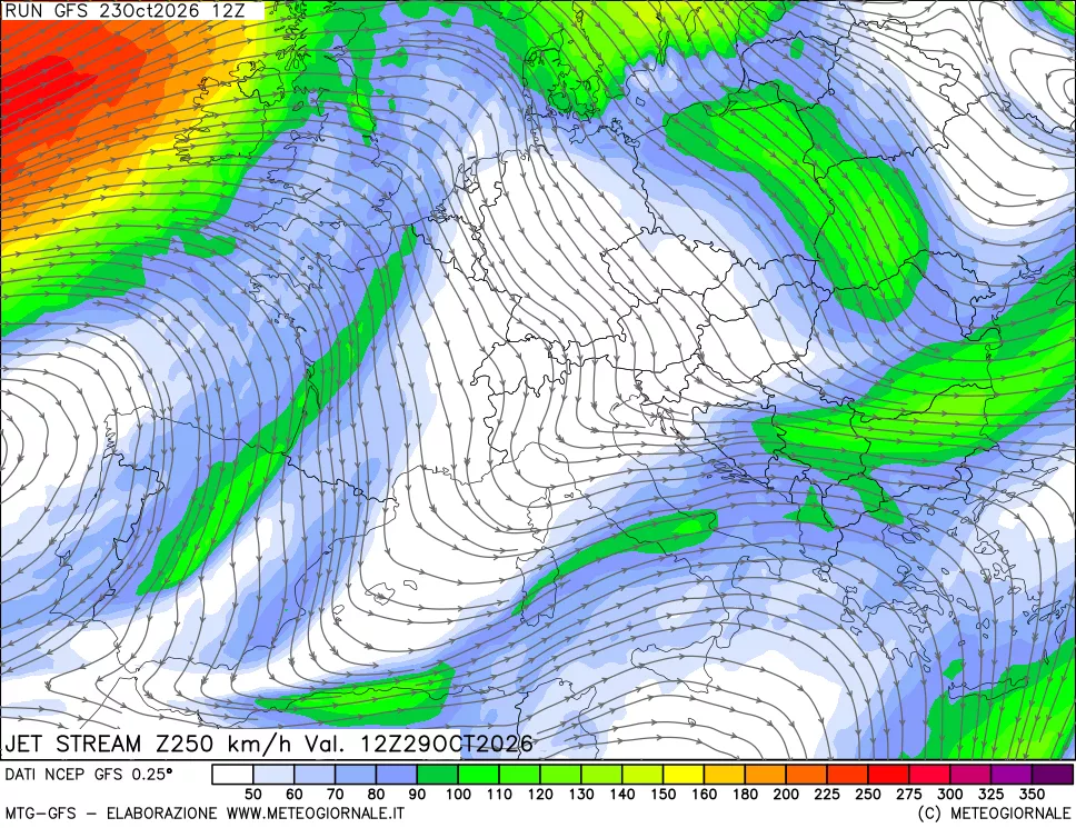 mappa 250 hPa Jet stream