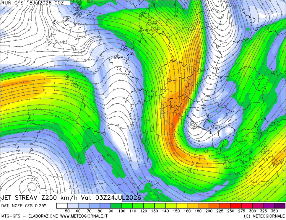mappa 250 hPa Jet stream