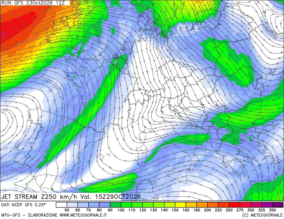 mappa 250 hPa Jet stream