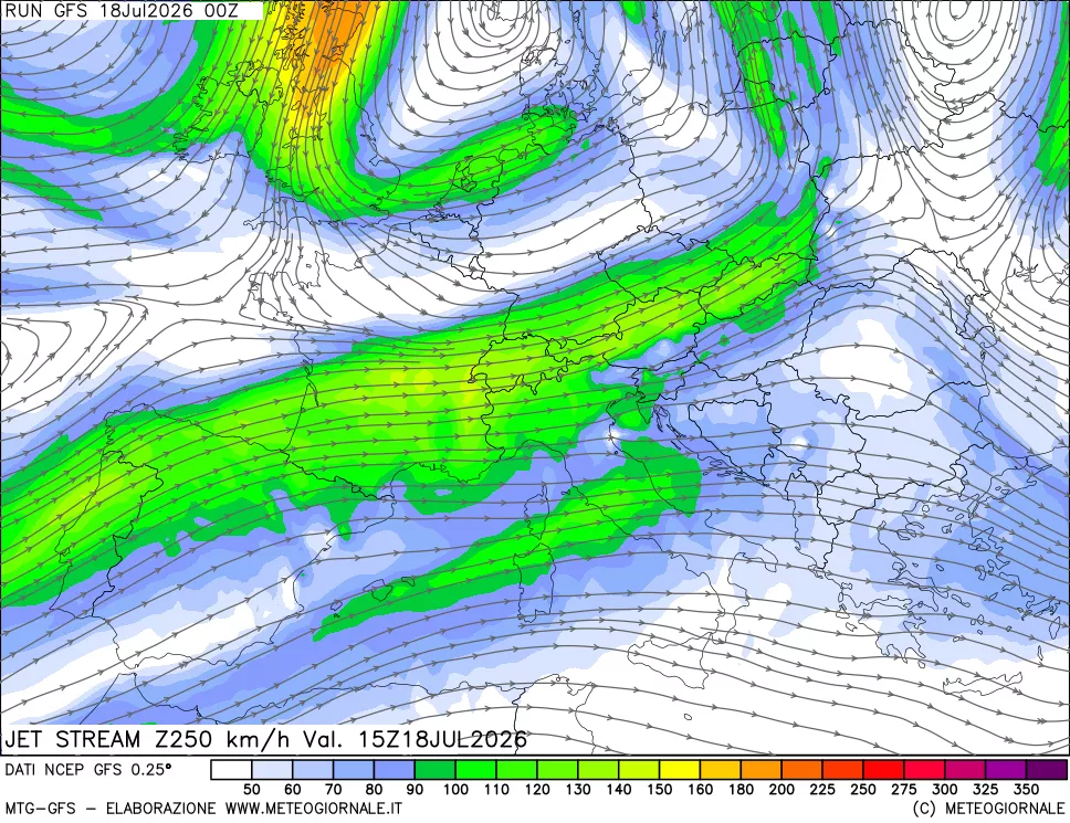 mappa 250 hPa Jet stream