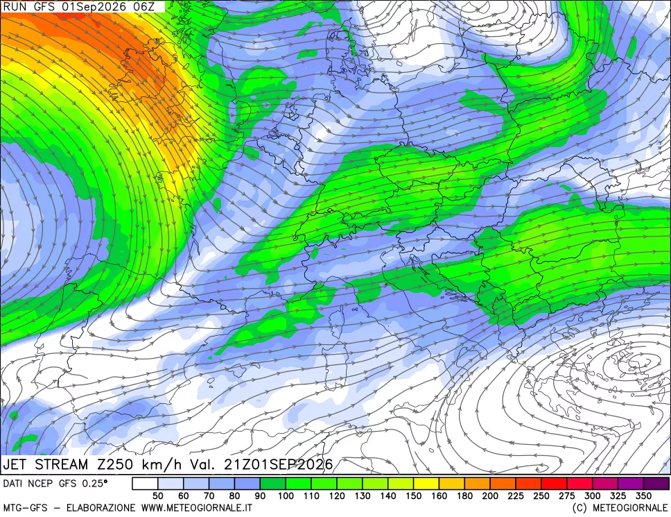 mappa 250 hPa Jet stream