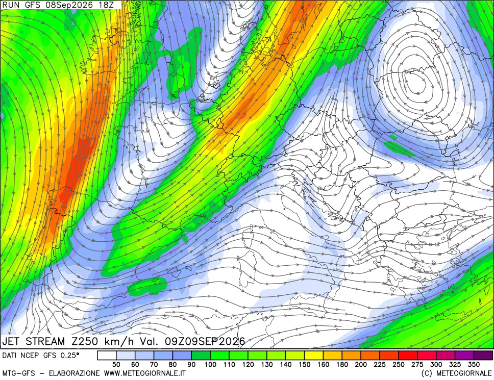 mappa 250 hPa Jet stream
