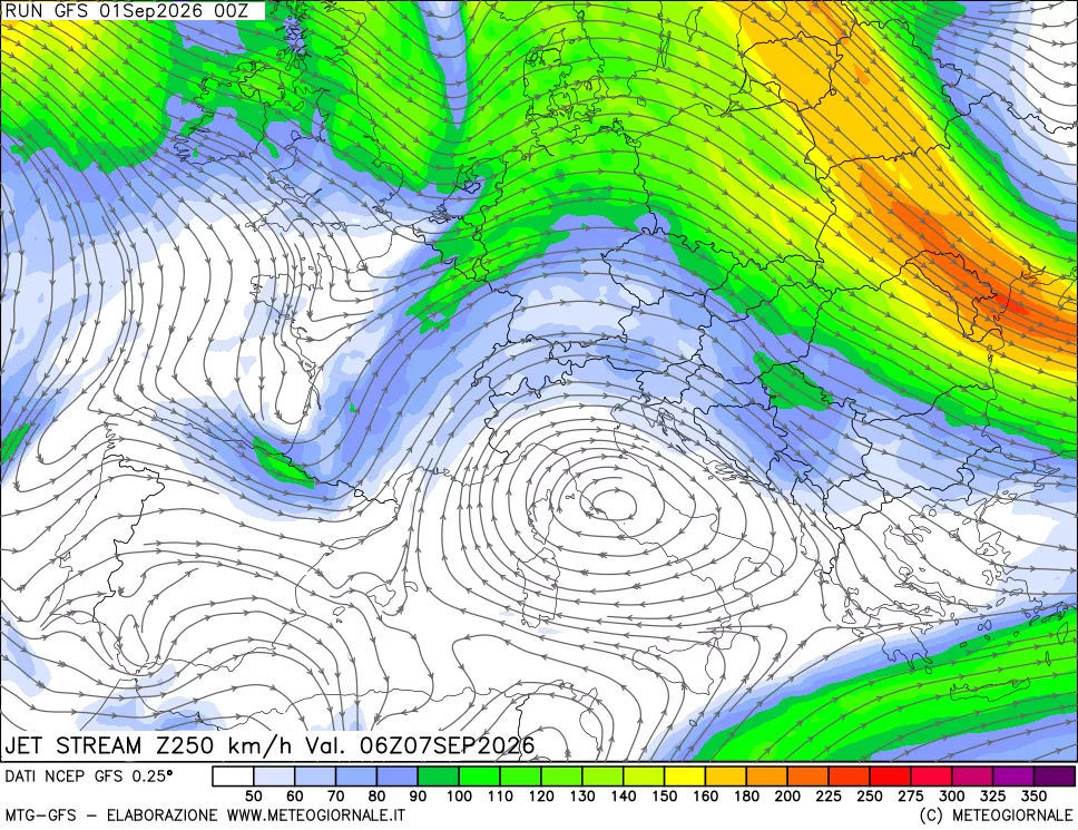 mappa 250 hPa Jet stream