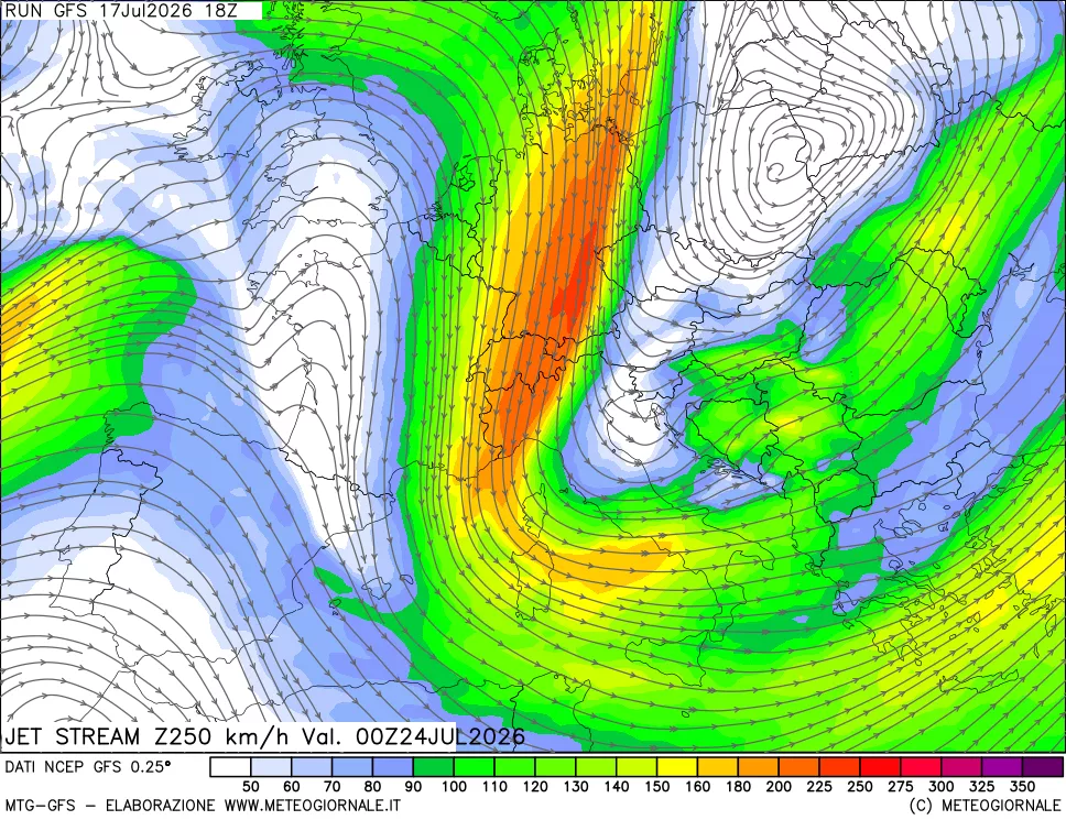 mappa 250 hPa Jet stream