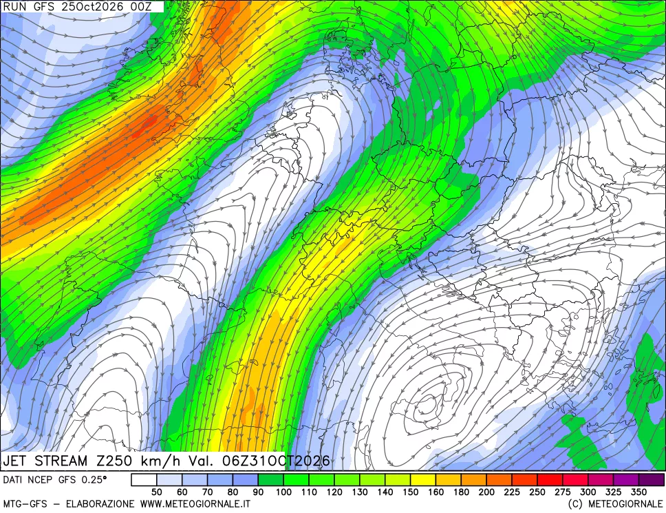 mappa 250 hPa Jet stream