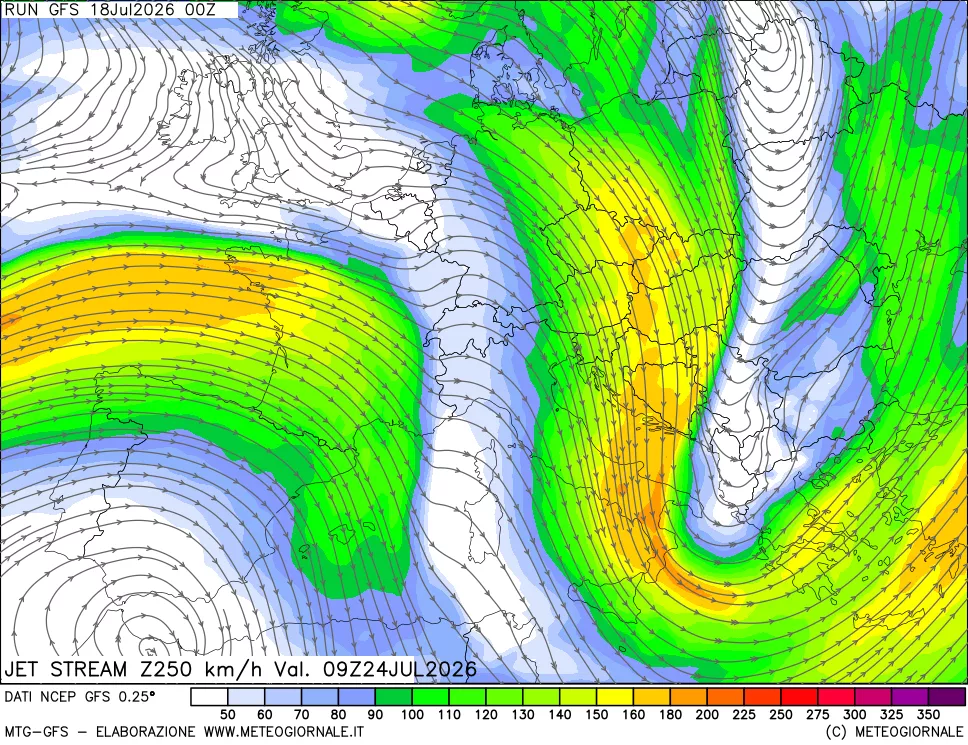mappa 250 hPa Jet stream