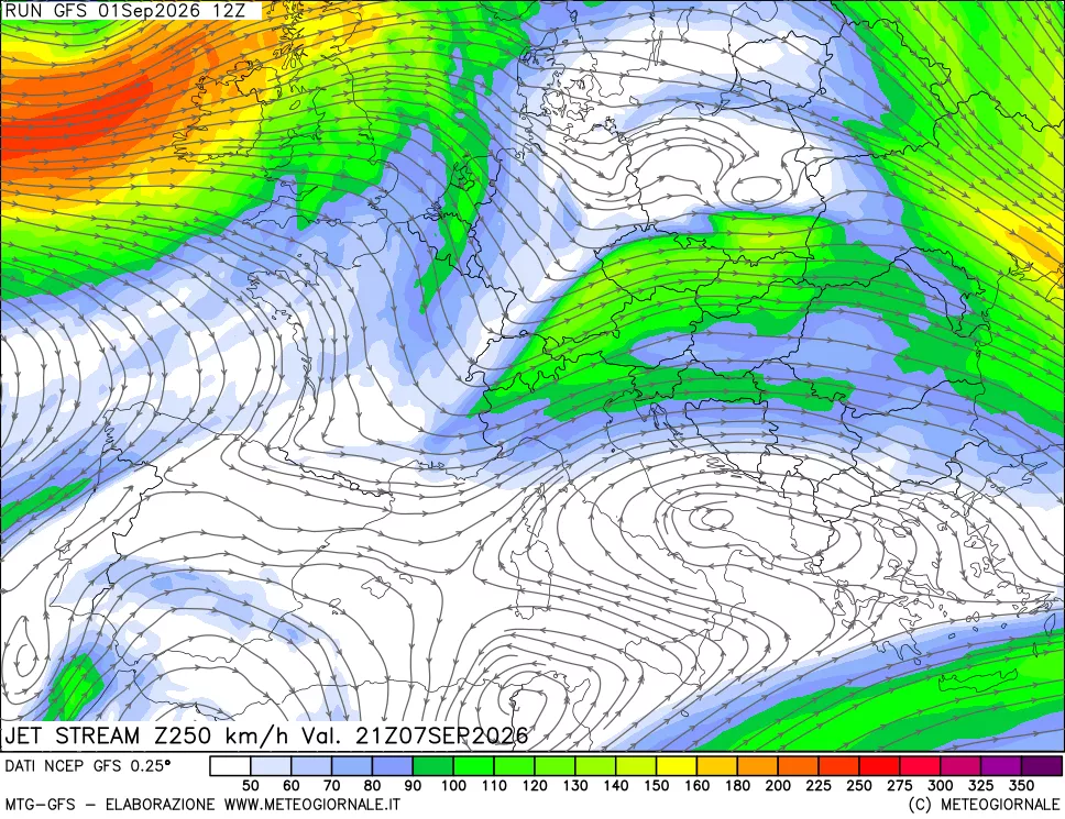 mappa 250 hPa Jet stream