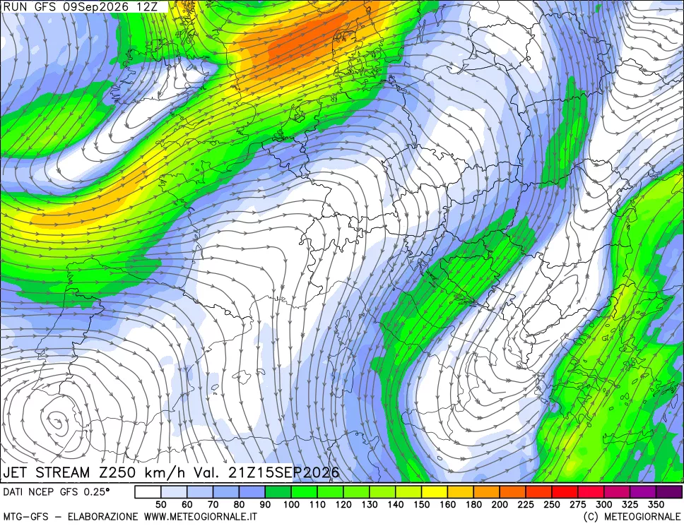 mappa 250 hPa Jet stream