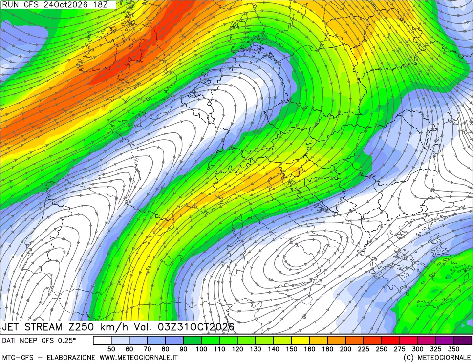 mappa 250 hPa Jet stream