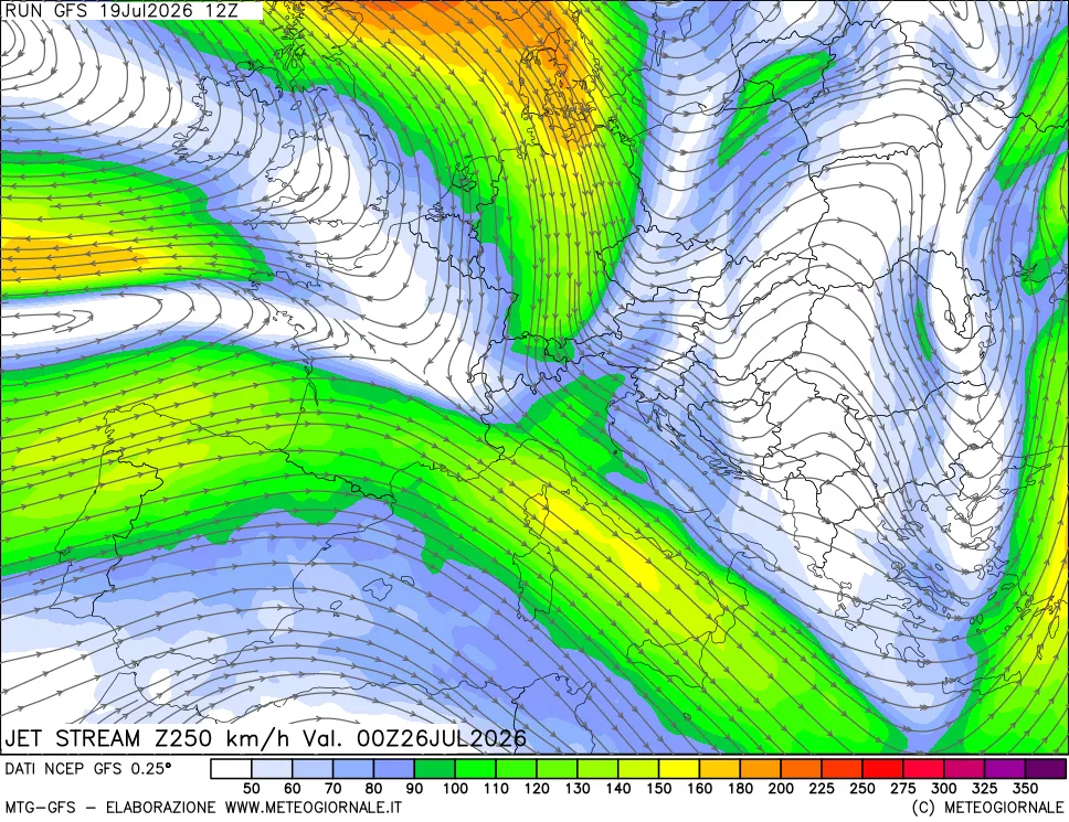 mappa 250 hPa Jet stream