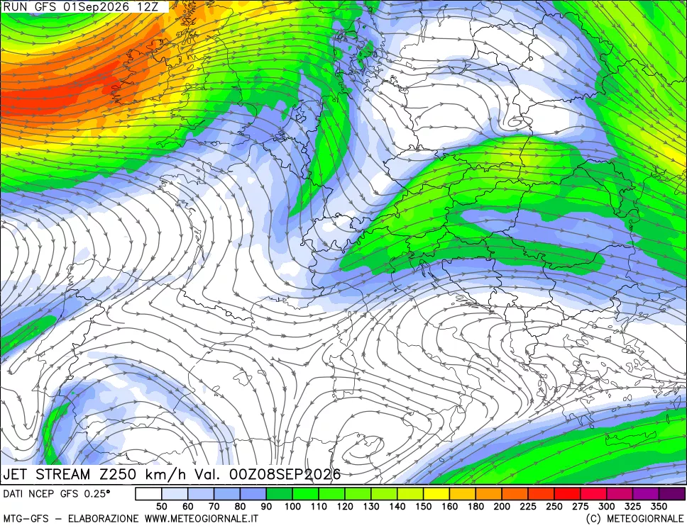 mappa 250 hPa Jet stream
