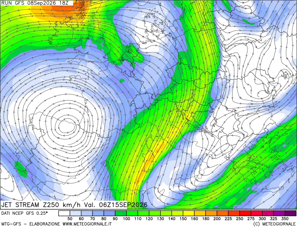 mappa 250 hPa Jet stream